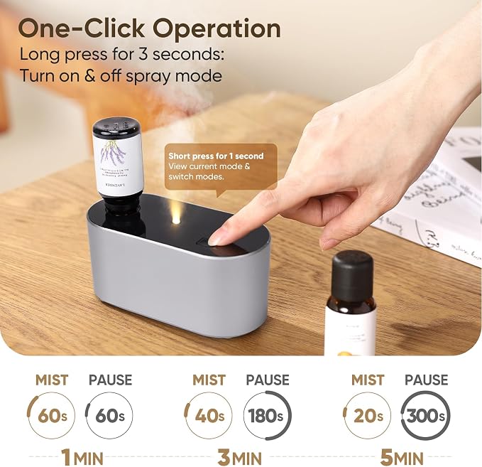 Waterless Diffuser for Home Essential Oil Diffuser, Aromatherapy Diffuser, Portable Scent Diffusers, 3 Mist Modes, Cycle Start for Bedroom, Office Studio 350-700 sq. ft Silver