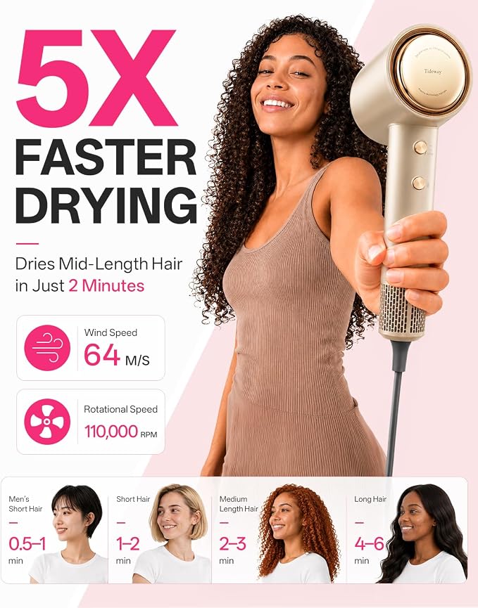 Tideway Hair Dryer Professional High-Speed Ionic Blow Dryer 110,000 RPM, Compact Hair Dryer with Magnetic Diffuser, Fast Drying with Brushless Motor Low Noise Smart Temperature Control-H11