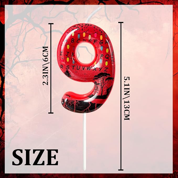 Red Number 9 Birthday Candle for Cake – Dark Horror Style with Alphabet Print & Shadow Design – Unique Cake Topper for Birthday, Anniversary, Themed Party Decoration