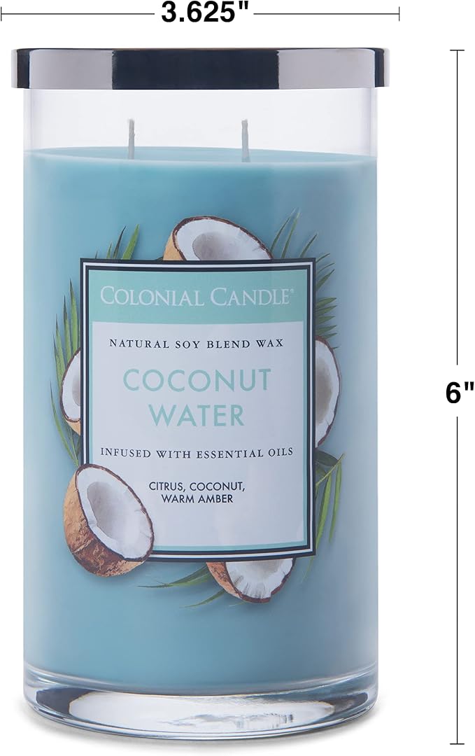 Colonial Candle Coconut Water Scented Jar Candle, Classic Cylinders Collection, 2 Wick, Blue, 19 oz - Up to 120 Hours Burn