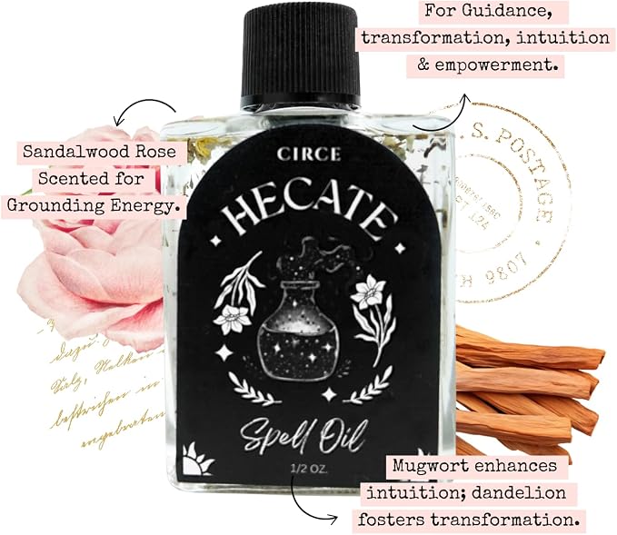 CIRCE Hecate Spell Oil- Invite Wisdom, Transformation & Best Path Discovery - Add to Bath, Use in Rituals, Wear as Fragrance to Align w/Desires - Coconut Oil, Mugwort Herb, Dandelion Herb- 1/2oz