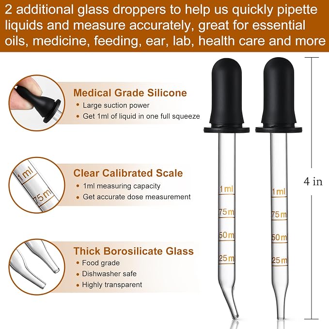 4 Pack, 2 oz Dropper Bottles with 2pcs Glass Pipettes(1ml) - Essential Oils Bottles for Health, Personal Care & Beauty - 60ml Thick Dark Amber Glass Tincture Bottle with Eye Droppers, Leakproof