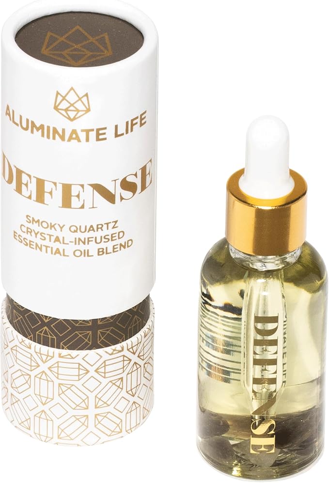 Crystal Infused Essential Oil Vial, 1 Oz, Defense - Smoky Quartz Crystal Infused - Scents of Frankincense, Neroli, & Sage - Aromatherapy Oils, Massage, Stress Relief
