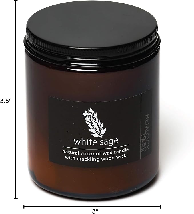 Hemlock Park White Sage Apothecary Scented Candle | Crackling Wood Wick, Botanical Fragrance & Coconut Apricot Wax | Up to 60 Hour Burn Time | 8 oz | Made in USA
