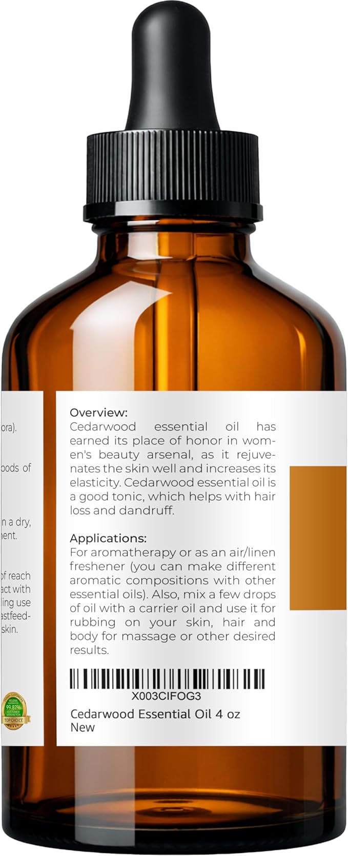 velona Cedarwood Essential Oil 4 Fl Oz | Therapeutic Grade 100% Pure and Natural | for Aromatherapy Diffuser, Massage, Skincare, Haircare, Soapmaking