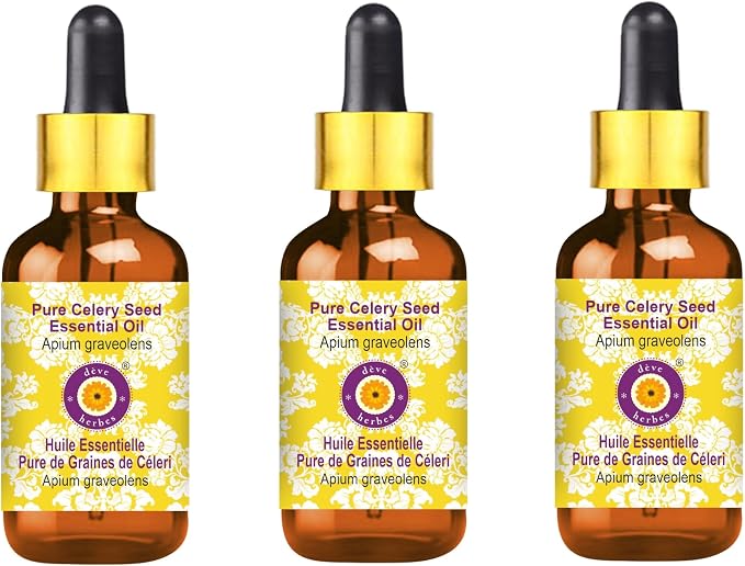 Deve Herbes Pure Celery Seed Essential Oil (Apium graveolens) with Glass Dropper Steam Distilled (Pack of Three) 100ml X 3 (10 oz)