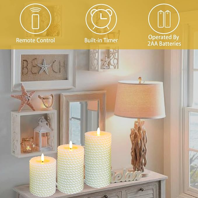 Flameless Candles Set of 3, White Real Wax Rope Theme Battery Operated LED Candles with Remote Control and Timer for Gift Home Festival Decor