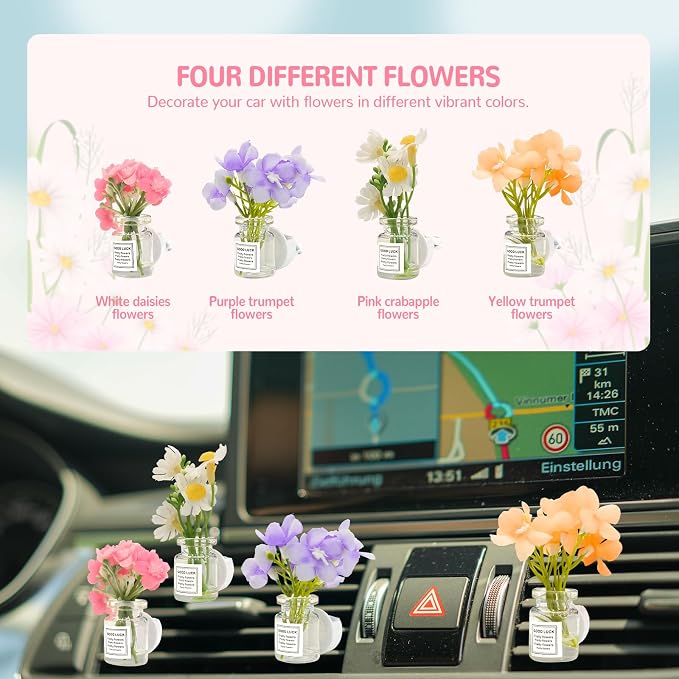 4 Pack Flowers Car Vent Clips, Cute Daisy Plants Vase Air Conditioning Outlet Clip with Fragrance Pads, Charm Scent Perfume Automotive Interior Decorations for Women