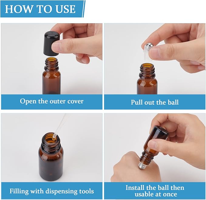 BENECREAT 24Sets Essential Oil Roller Inserts Kit, Stainless Steel Roller Balls and Black Bottle Cap for 5~15ml Essential Oils, Cosmetics Bottle, 9mm inner diameter