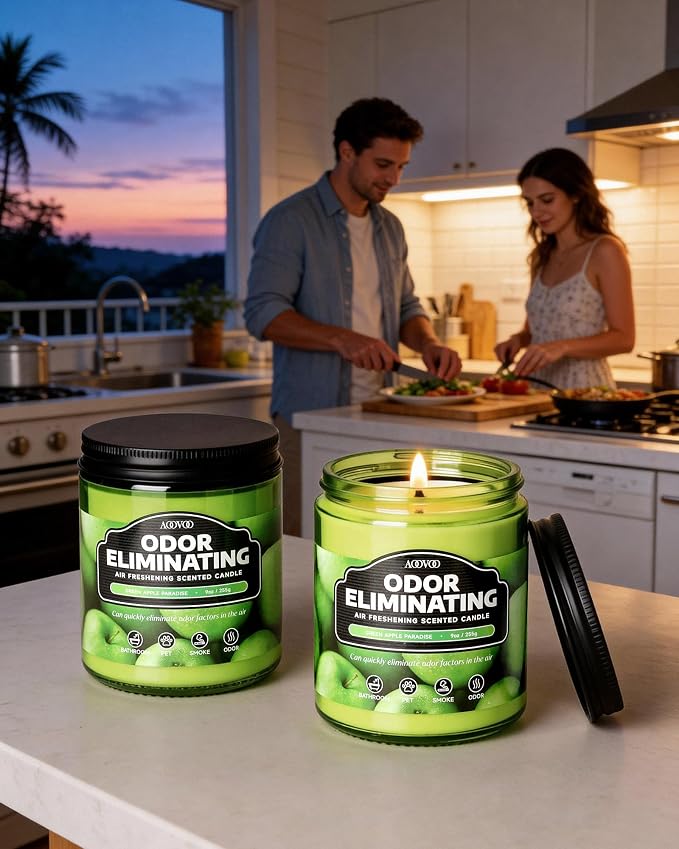 AOOVOO Green Apple 2 Pack Odor Eliminating Highly Fragranced Candle - Eliminates 95% of Pet, Smoke, Food, and Other Smells Quickly, Air Freshing Soy Candle, Up to 100 Hours Burn time