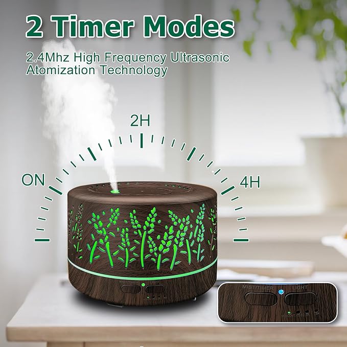 Diffusers for Essential Oils Large Room,600ml Essential Oil Diffusers for Home,Waterless Auto Off 7 Colors Changed 3 Mist Modes,Cool Mist Humidifiers for House Bedroom Decor,Gifts,Dark Wood
