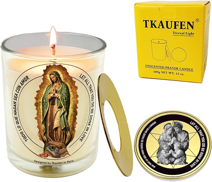 Blessed Guadalupe Candle 50 Hours with Warmer Ring│Hand-Poured Natural Soy Wax│Universal Mother, Love, Americas Patroness, Tepeyac Devotee, Blessing, Family Unity │Design in Paris│3“×3.6”
