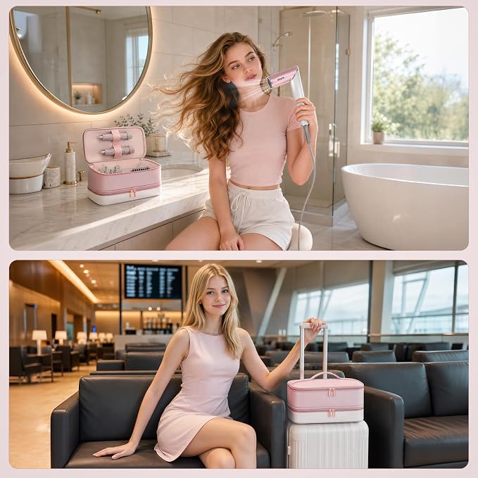 Travel Hair Dryer Case for Shark Glam, Portable Hair Tools Bag for Shark FlexFusion, Double-Layer Storage Carrying Case for FlexStyle Blow Dryer, Silki Straightener & Glossi Attachments Holder (Pink)