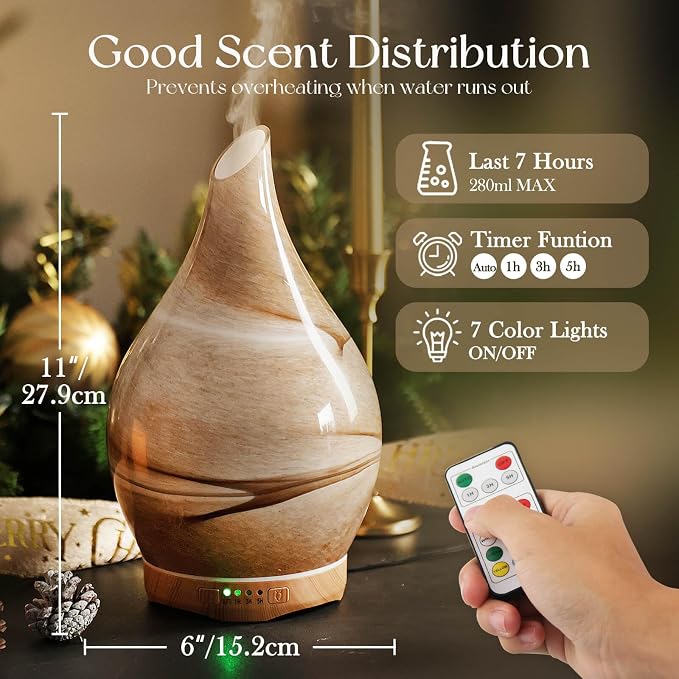 Porseme 280ml Essential Oil Diffuser Glass Color Changing Aroma Air Diffusers Aromatherapy Ultrasonic Cool Mist Humidifier with Remote Control 7 Running Hours Waterless Auto-Off (Desert)