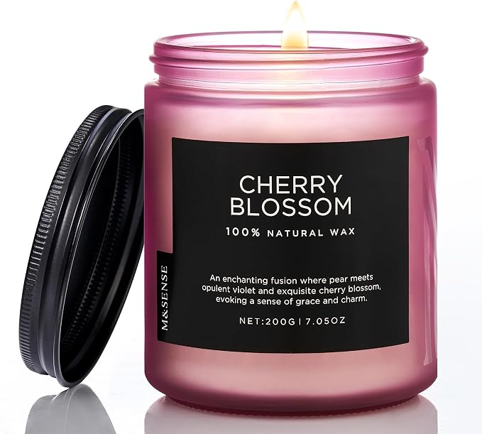 M&SENSE Cherry Blossom Scented Candle, 7.05oz Natural Organic Soy Wax, 50 Hours Non Toxic, Spring Smelling Home Scented Candle for Bath Relaxation, Stress Relief Housewarming Gift for Her