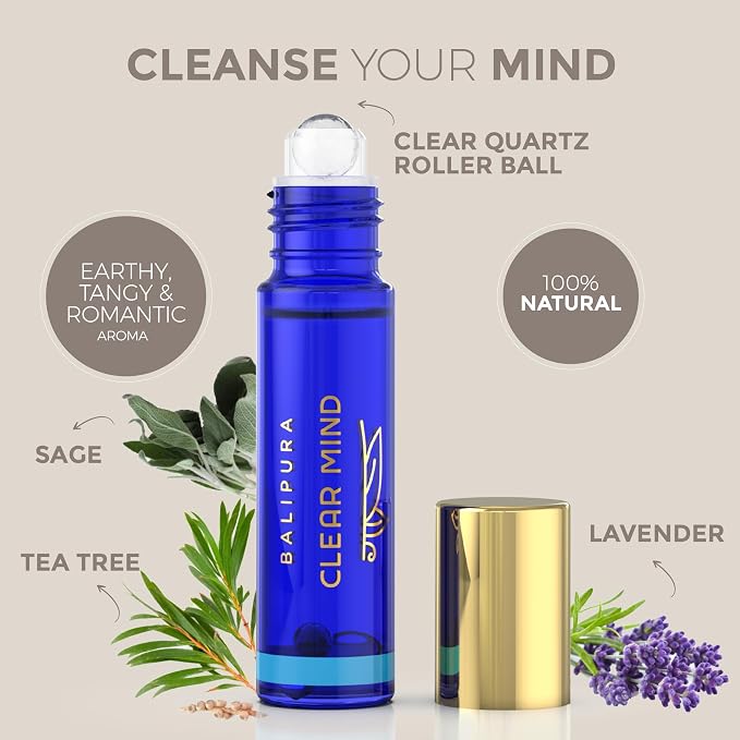 BALIPURA - Crystal Aura Roll On - Clear Mind Aromatherapy Oil - Tea Tree Essential Oils Roll on with Crystals - Essential Oils - Scented Oils - Gifts for Women