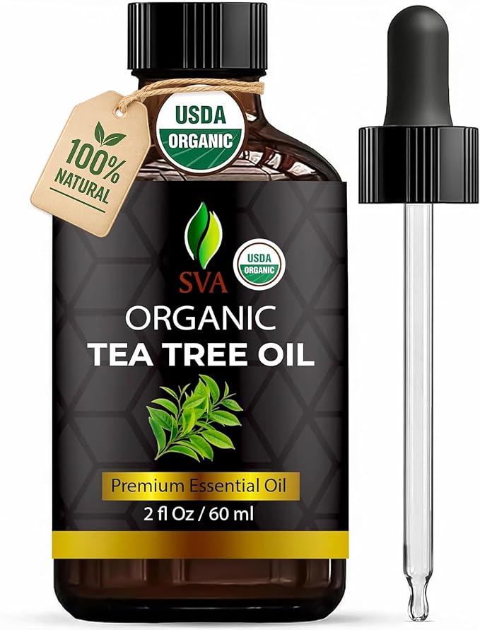 SVA Tea Tree Essential Oil Organic – 2 Fl Oz – 100% Natural Organic Tea Tree Oil - for Diffuser, Hair, Face, Skin Care, Aromatherapy, Scalp and Body Massage, Soap and Candle Making - with Dropper