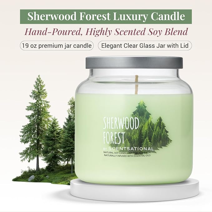 Scentsational Sherwood Forest Jar Candle – Large 19 Oz Soy Blend Scented Candle with Forest-Inspired Notes & Essential Oils – Non-Toxic Decorative Candle for Home Décor & Relaxation
