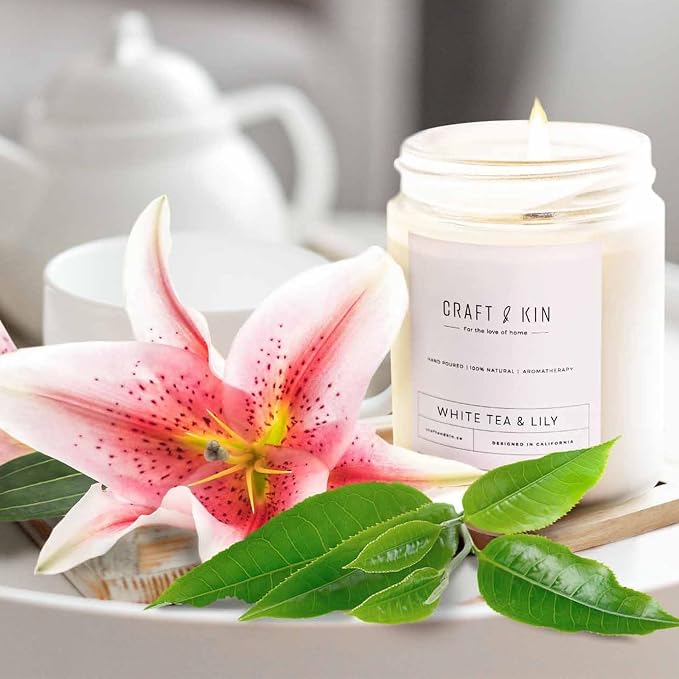 Craft & Kin Premium White Tea & Lily Scented Candle – Long Lasting, 45 Hour Burn Time – Luxury Natural Soy Scented Candle with Wood Wick – Room Decor and Aromatherapy – 8 oz