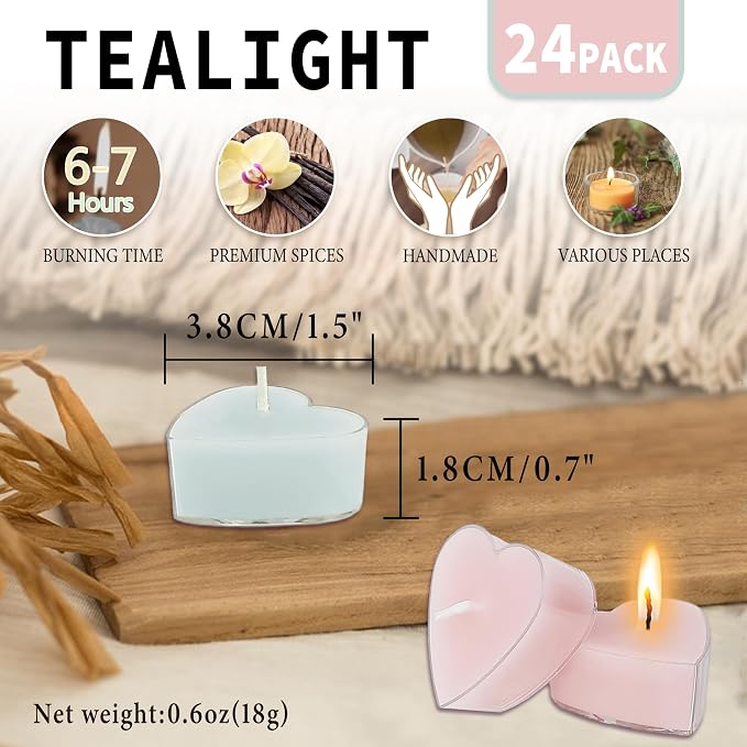 Scented Heart Tealight Candles, Pastel Candy Color Scent Tea Lights Candles Clear Cup, 24 Pack Colored Tealights Candle, 4 Hour Burn Time Candles for Weddings Romantic Decor