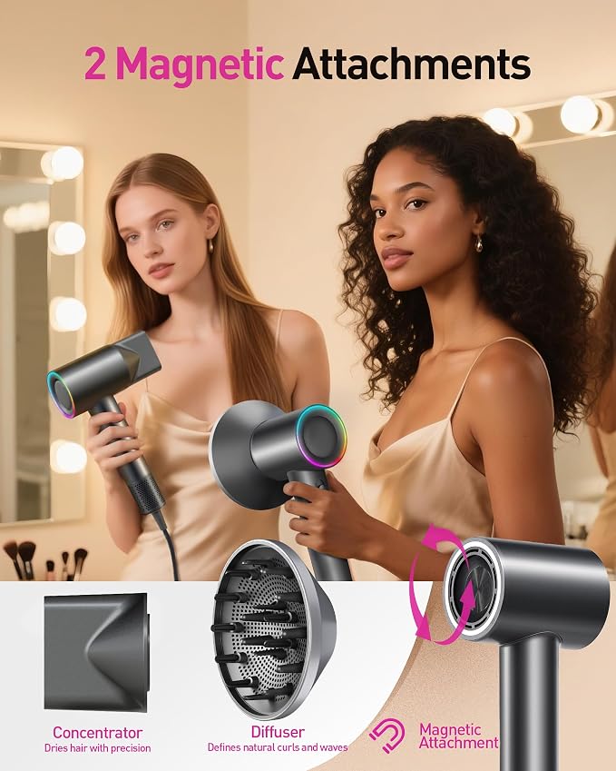 High-Speed Hair Dryer, 160,000 RPM Brushless Motor for Ultra-Fast Drying, 500M Ionic Negative for Frizz Reduce, Low Noise Thermo-Control Blow Dryer with Diffuser for Curly Hair Women and Men,Grey