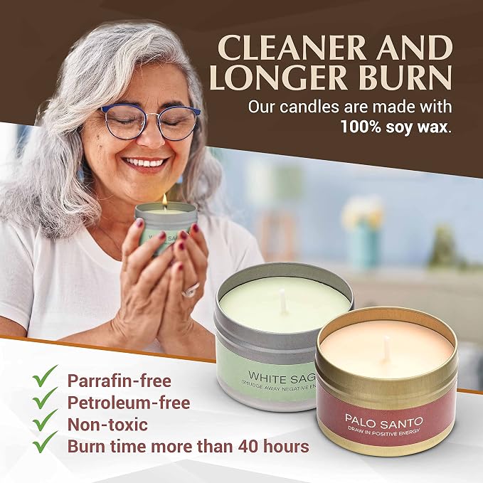 Almeara 2 in 1 Candle Combo - Sage and Palo Santo Set - 2x 3.7oz - Long Lasting |+40hr burn time |100% Soy Wax -Paraffin Free Candle For Cleansing House-Gift Box Ready-Relax and Restore The Body&Mind