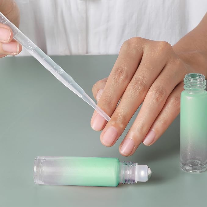 SESENSE Essential Oil Roller Bottles, 10ml Thick Glass Perfume Roller Bottles with Funnel Opener and Dropper Colored Glass Empty Bottles with Stainless Steel Roller Balls (Green, 4 Pack)