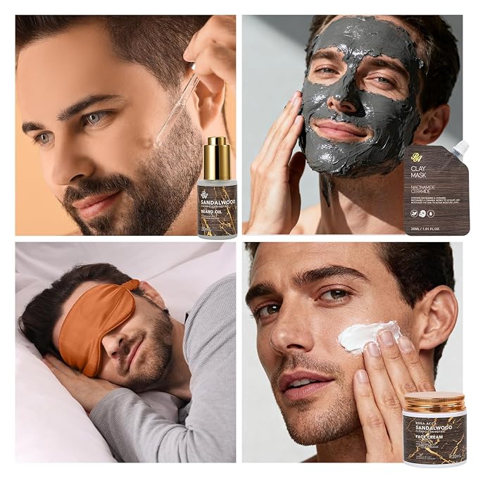 36 Pcs Sandalwood Bath & Body Gift Basket for Men, Father's Day Gifts, Beard Grooming Set, Face Skin Care Kit, Men Home Spa Gift Basket, Bath Bomb, Birthday, Valentines, Christmas, Dad, Anniversary
