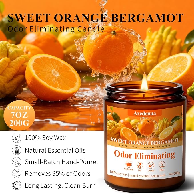 Sweet Orange Bergamot Odor Eliminating Candle | Eliminates 95% of Pet, Smoke, Food & Other Smells – Fresh Air Scented Candle Gentle for Family - Up to 50 Hour Burn time - 7 Oz Natural Soy Wax