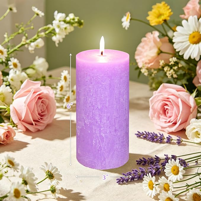 Lavender Scented Pillar Candles, Purple Burning Candle Set of 3, Dripless, Smokeless and Large Wax Candle for Wedding, Home Decoration, Parties, Spas, Dinner