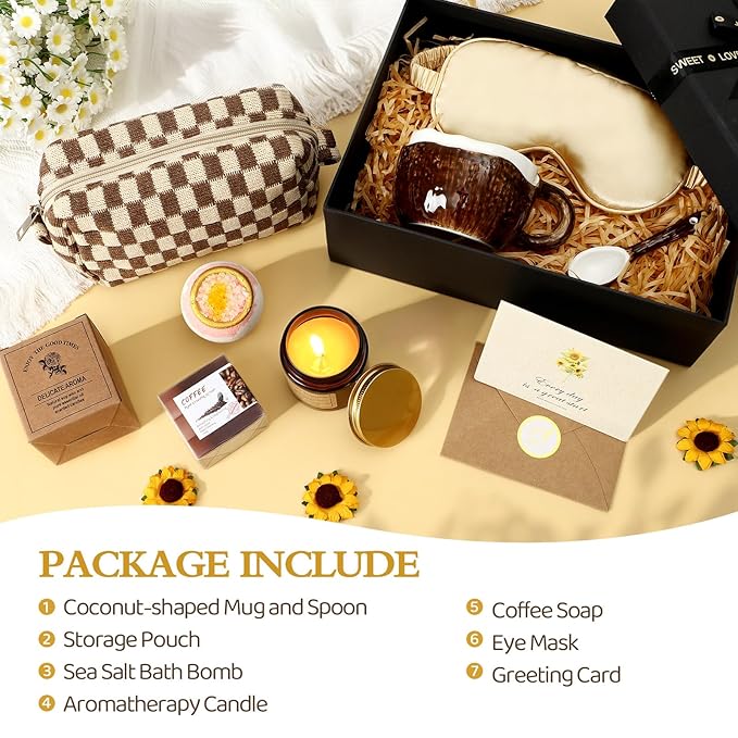 Golray Spa Gift Set for Women, Brown Relaxing Bath Gift with Coconut Mug & Coffee Soap, Women Care Package Get Well Soon Gift, Unique Mothers Day Gifts Idea for Mom Her Friends Sister Wife