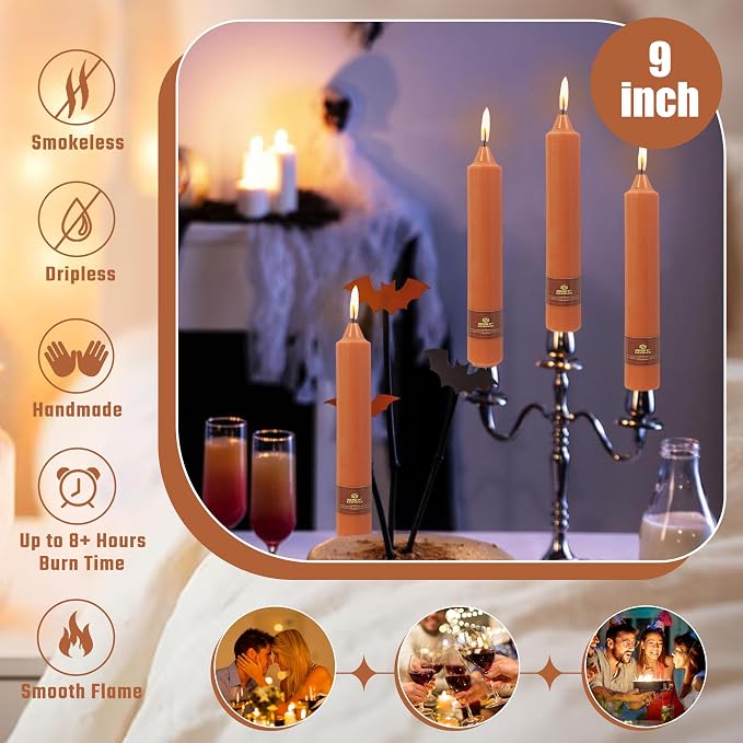 Earth Tone Chunky Taper Candle 9 inch Tall Tapered Candle Pumpkin Unscented Smokeless Long-Lasting Burn Thick Tapered Candle for Fall Harvest Halloween Thanksgiving Dinners Parties and Home Décor