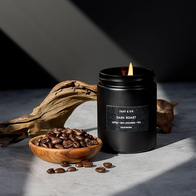 Craft & Kin Premium Dark Roast Coffee Scented Candle – Long Lasting, 45 Hour Burn Time – Luxury Black Natural Soy Scented Candle for Men with Wood Wick – Room Decor and Aromatherapy – 7.6 oz