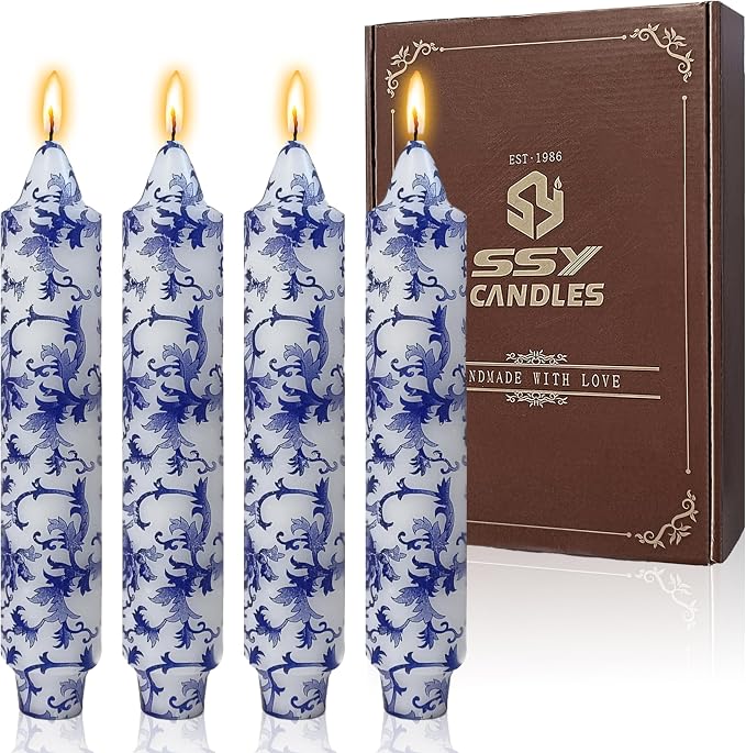 7 Inch Blue and White Short Taper Candles Hand Poured Unscented Smokeless Clean Burning Chinoiserie Taper Candles for Wedding Dinner Home Meditation Morning Coffee Ritual Breakfast Table Everyday