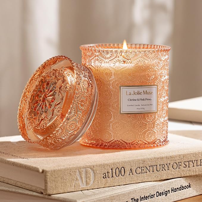 LA JOLIE MUSE Citrine Pink Peony Scented Candles for Home,19 oz Natural Soy | Large Jar Luxury Candle, Clean Non Toxic Wax, Gifts for Women, Decorative Candles for Candle Warmer, Wood Wick, Floral Citrus