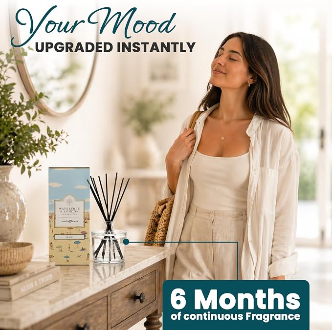 Wavertree & London Natural Beach Scented Reed Diffusers Set - Long Lasting Aromatherapy Air Freshener Diffuser with Sticks for Home & Office | 250ml Scented Diffuser with 6 Months Scent Life