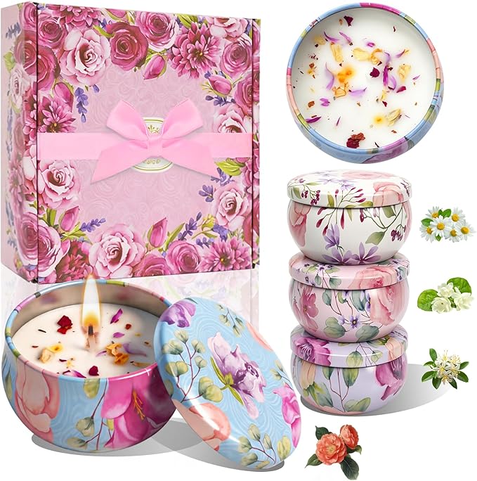 4 Pack Scented Candles for Women Gift- 8% Essential Oil Aromatherapy Candle Set, 50H Long Lasting Natural Soy Wax Candles, Travel Tin Gift Box for Stress Relief Spa Yoga Birthday Housewarming