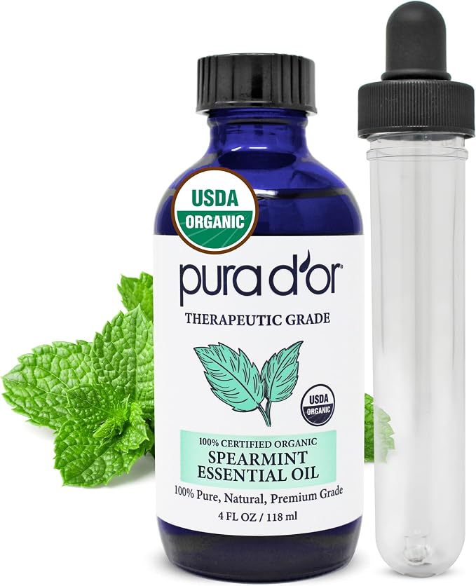PURA D'OR Organic Spearmint Essential Oil (4oz with Glass Dropper) USDA Certified 100% Pure & Natural Therapeutic Grade Diffuser for Aromatherapy, Focus, Concentration, Mood Uplift