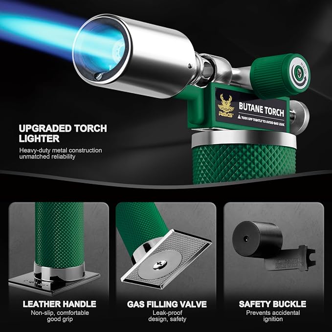 RAVS Butane Torch Lighter, Premium Metal Creme Brulee Torch with Adjustable Flame & Safety Buckle, Cooking Torch for Baking, BBQ, DIY, Green, Butane Gas Not Included