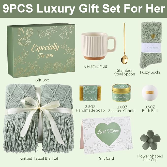 Get Well Soon Gifts Baskets for Women Self Care Gifts,Birthday Gifts for Women Spa Care Package, Set for Mom Wife Girlfriend Sister Best Friend (Green)