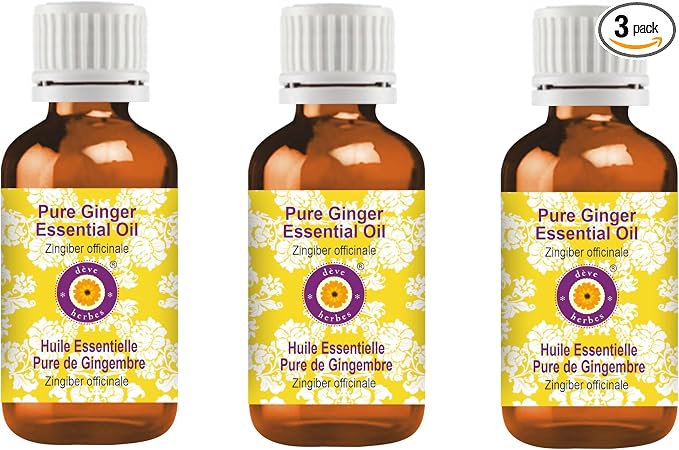 Deve Herbes Pure Ginger Essential Oil (Zingiber officinale) Steam Distilled (Pack of Three) 100ml X 3 (10 oz)