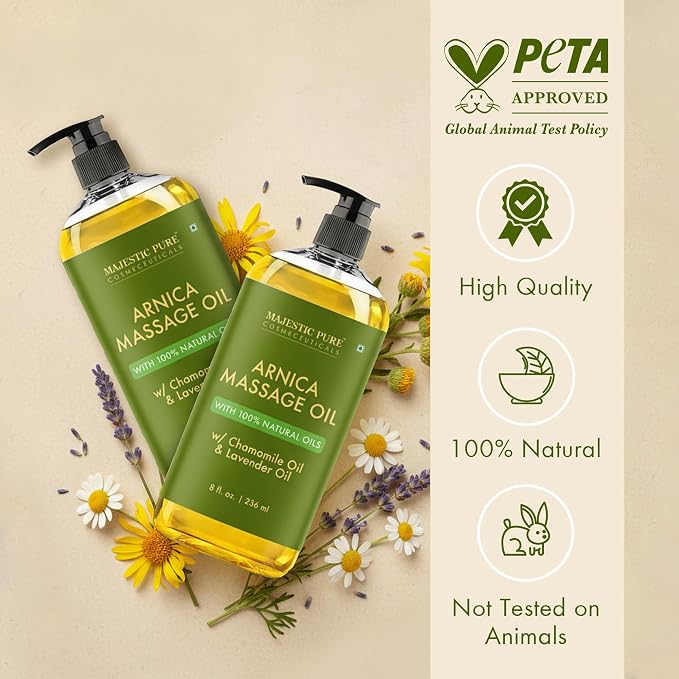 MAJESTIC PURE Arnica Sore Muscle Massage Oil for Massage Therapy-Refreshing & Relaxing-Natural Oils Lavender & Chamomile Essential Oils-All Skin Types- Men & Women Massage Lotion- 8 fl oz (Pack of 2)