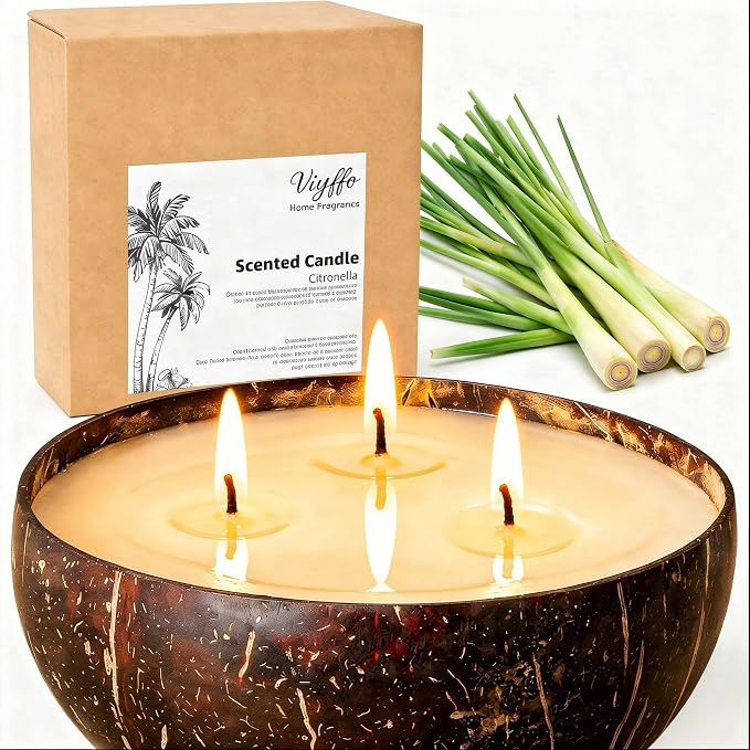 Viyffo 18oz Large Citronella Candles Outdoor, 3 Wick Citronella Candle, Natural Coconut Shell Jar, Non Toxic Soy Candle for Patio, Backyard, Deck & Camping, Rustic Decor Gift (with Fireproof Mat)