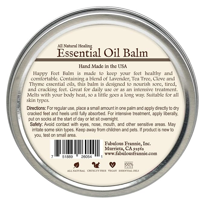 Fabulous Frannie Happy Feet All Natural Essential Oil Healing Balm made with Sunflower Oil, Coconut Oil, Shea Butter, Beeswax, Soy Wax, Aloe Vera and Pure Essential OIls 3.5oz Tin