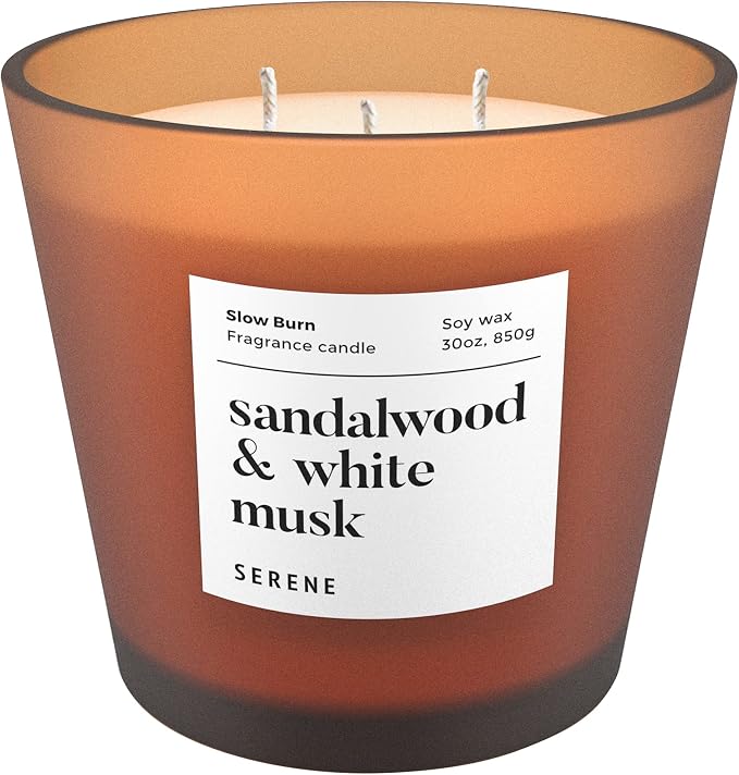 Hidden Label Sandalwood White Musk Scented Candle, 30oz Large 3 Wick Candle for Home, 120H Long Lasting Natural Soy Wax, Strong Scent Throw for Large Rooms, Non-Toxic Stress Relief Gift for Women