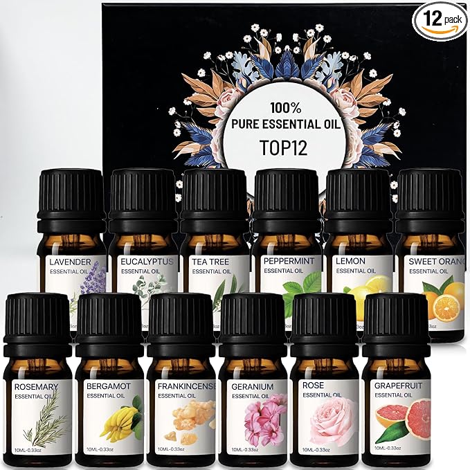 Essential Oils Set 100% Pure Oils Top 12 Oils Gift Kit for Diffuser Home Lavender,Peppermint,Eucalyptus,Lemongrass,Orange,Rosemary,Grapefruit,Frankincense,Geranium,Rose,Bergamot 12x10ml