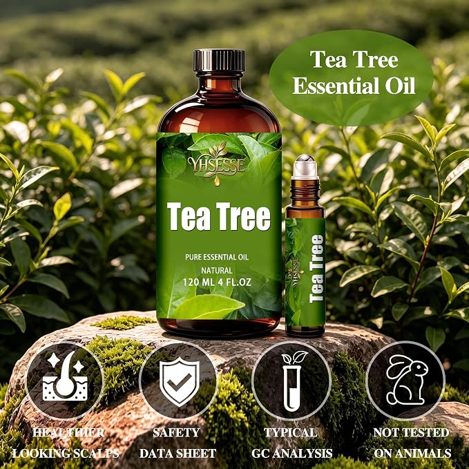 Tea Tree Essential Oil, Tea Tree Oil 4 Fl Oz 120ml for Diffuser Yoga Soap & Candle Making – with 0.33 Oz Roller Ball & Dropper YHSESSE Essential Oils