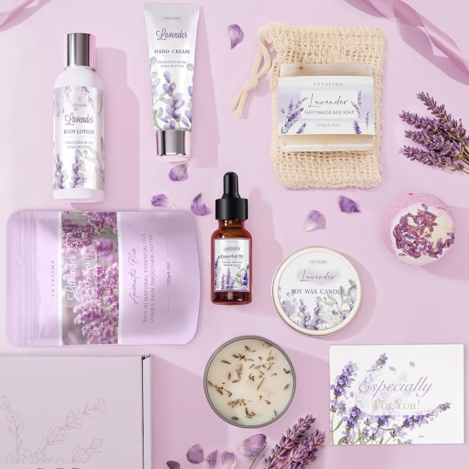 Gifts for Women, Lavender Bath and Body Gift Basket Relaxing Spa Self Care Gift, Mothers Day Gifts Happy Birthday Gift Baskets, Thank You for Mom Her Sister Wife Girlfriend Teacher Friends Friendship