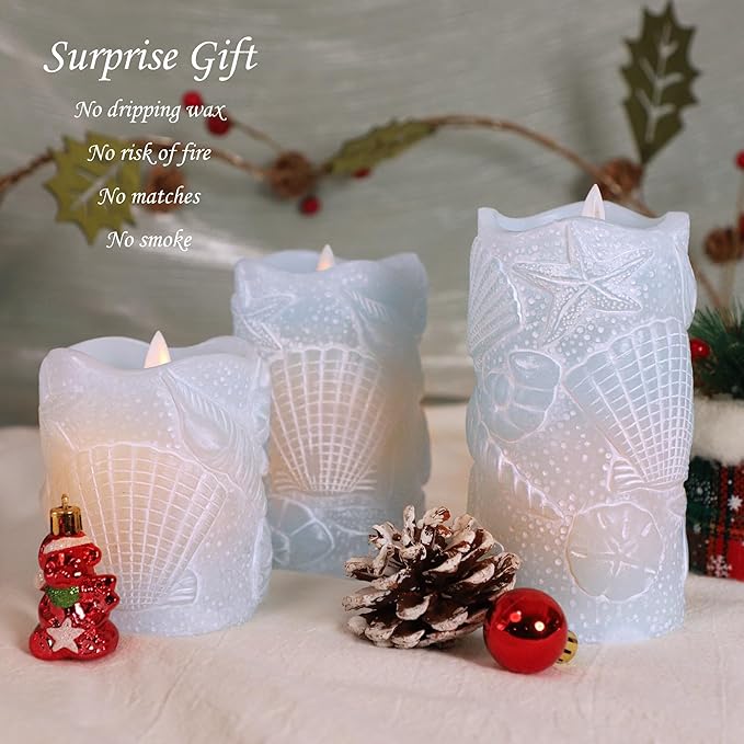 Ocean Flameless Candles Remote Carved Seashell Real Wax Flicker Battery Operated Candles for Home Party Wedding Nautical Thanksgiving Christmas Easter Decor - Set of 3(Blue)