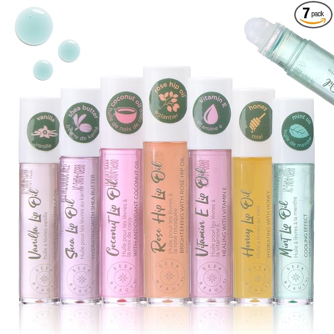 EXPRESSIONS 7pc Natural High Shine Tinted Lip Oil Set – Hydrating Roll-On Rollerball Lip Oils Infused with Essential Oils | Vitamin Enriched Lip Glow Oil for Women – Glossy & Nourishing